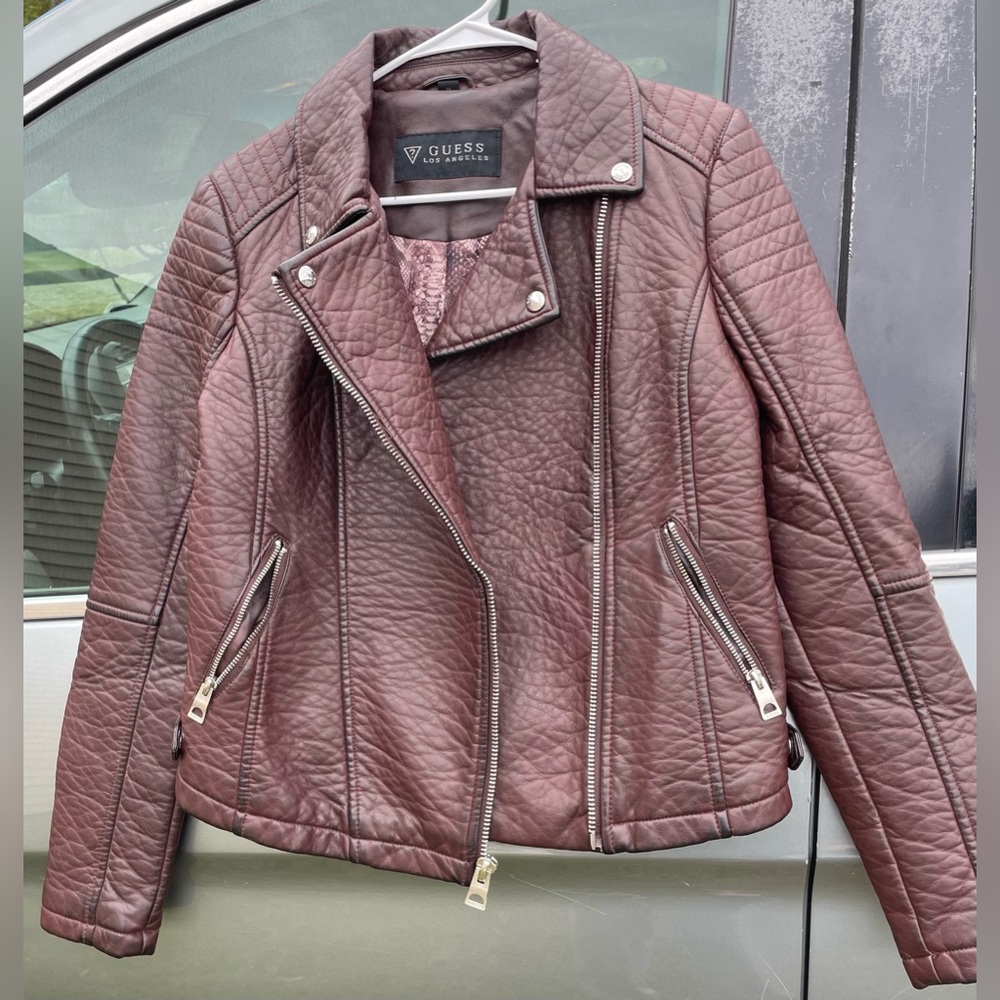 GUESS Brown Faux Leather Snakeskin Moto Jacket Medium